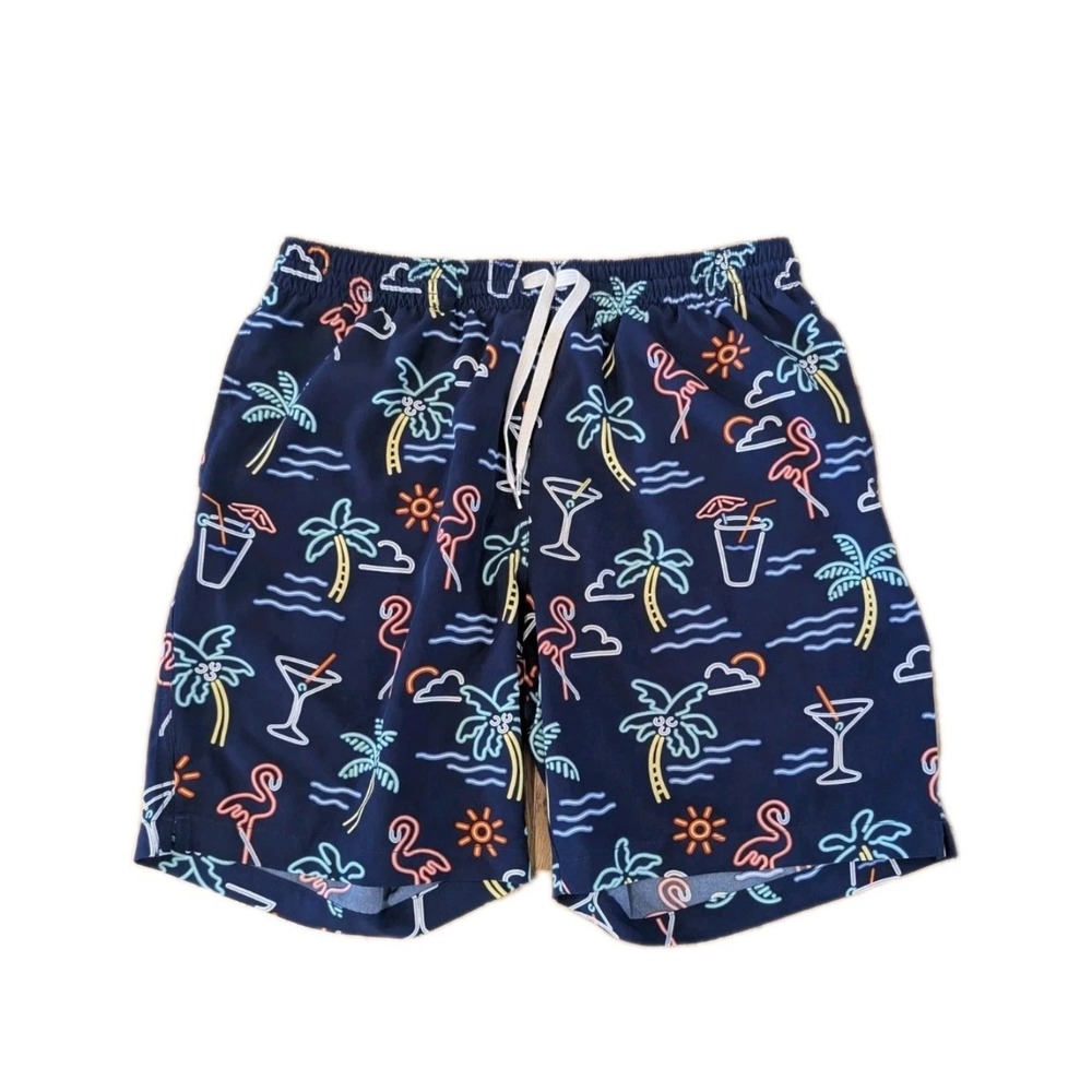 Chubbies Swim Trunks Mens M Navy Neon Flamingo Palm Tree Cocktail Board Shorts